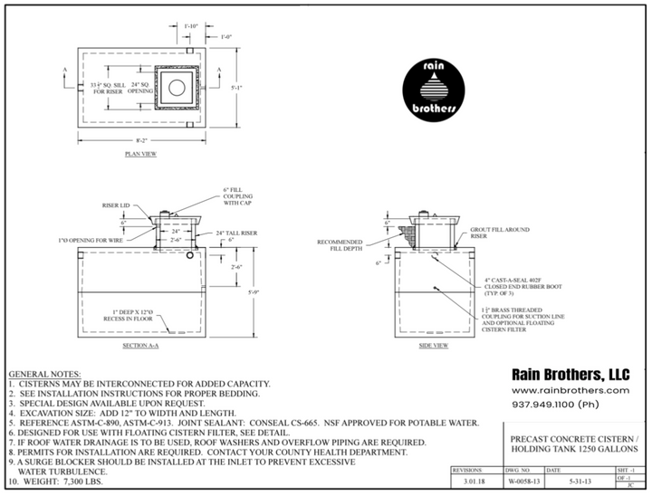 1250-Gallon Reinforced Precast Concrete Cistern (Made in Ohio) 