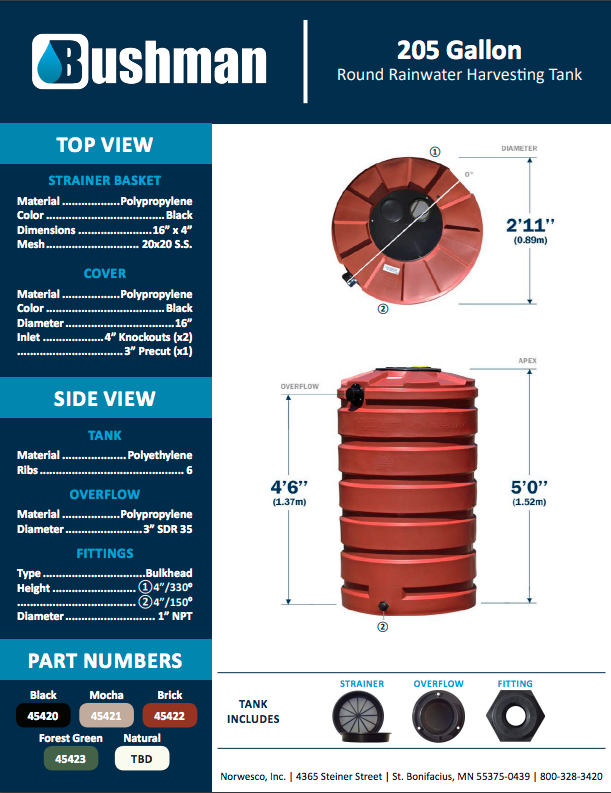 Bushman 205 Gallon Round Rainwater Harvesting Tank 