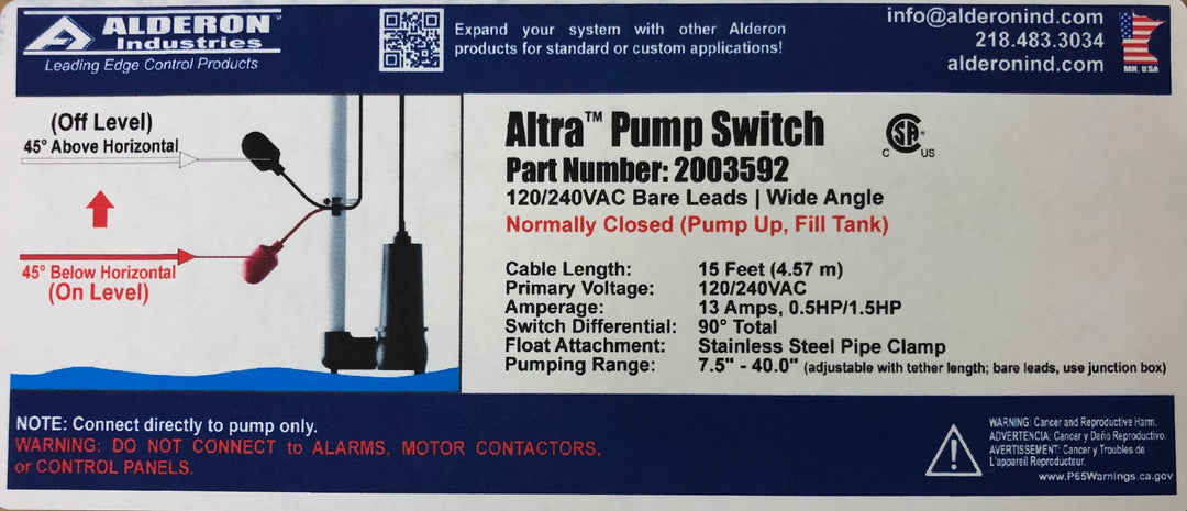 Normally Closed Float Switch 120/230V (Bare Leads) 